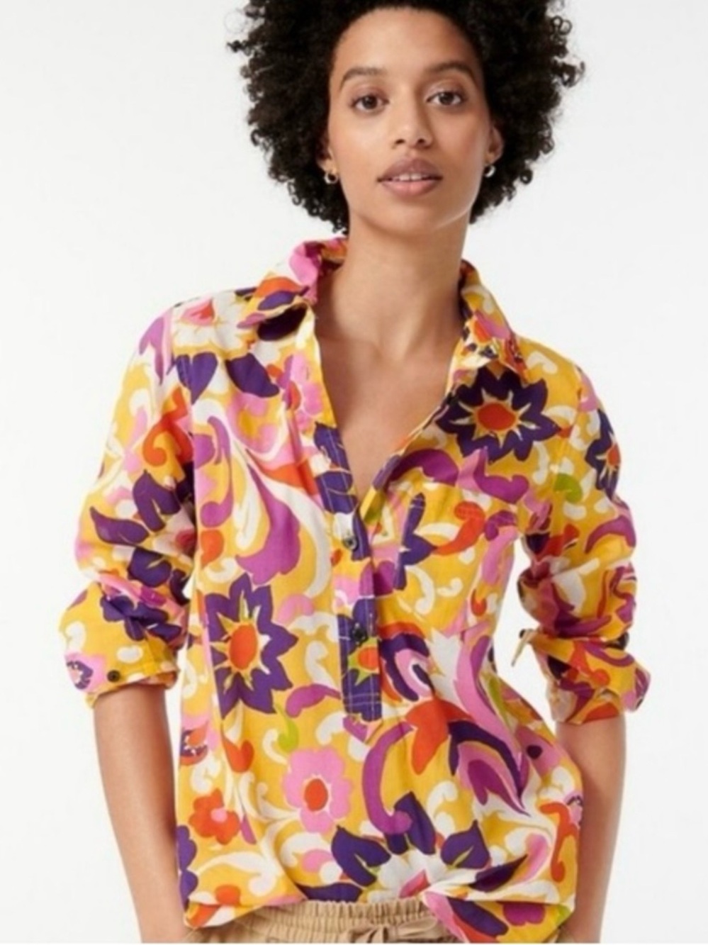 J. Crew Popover Ratti Curly Floral 70s Mod Button-Down Shirt Sz 18 Boho Chic EUC
